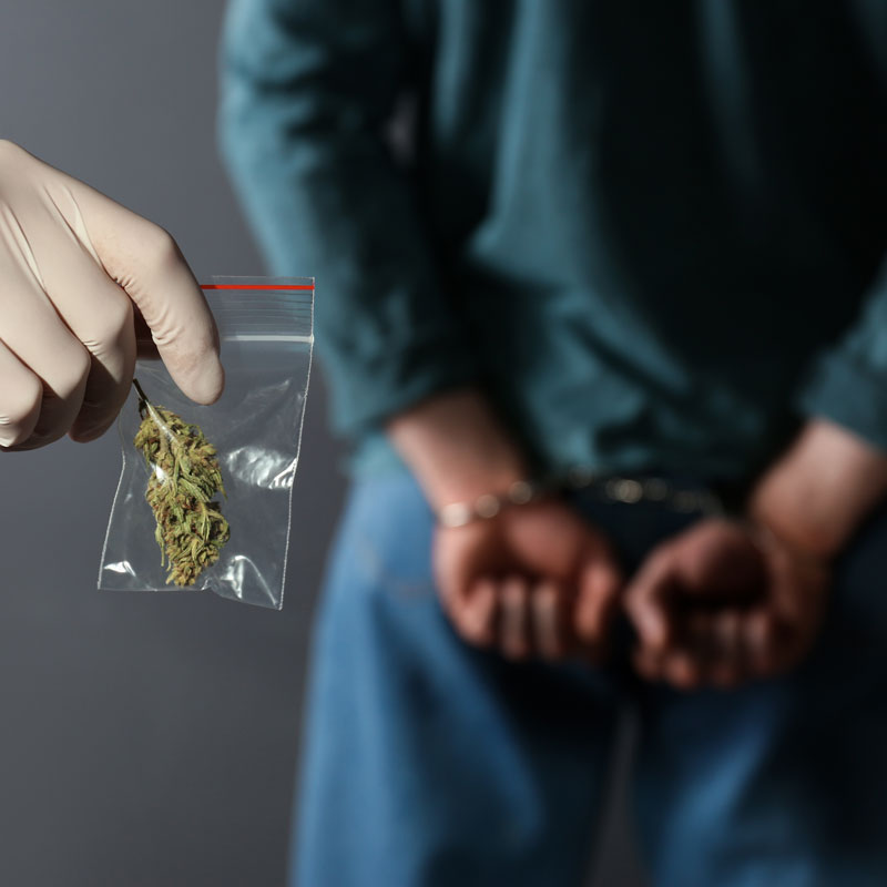 Close-up of man in handcuffs, with gloved hand holding bag of marijuana in the forefront