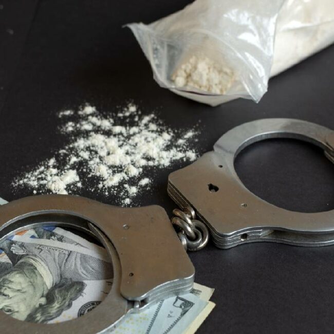 Close-up of handcuffs, drugs, and money on a table